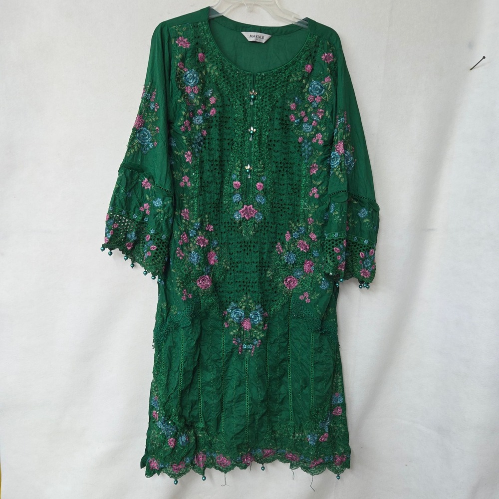 Maria.B. Embroidered Eyelet Tunic Womens Small Green Floral Lace‎ Sequin Kurta
